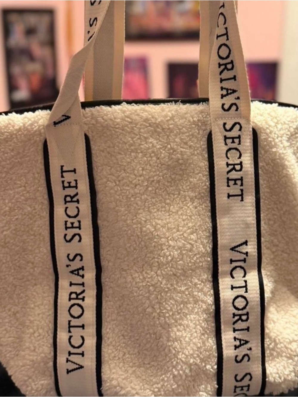 Victoria's Secret Cream Sherpa Tote with Branded Black-Trim Straps